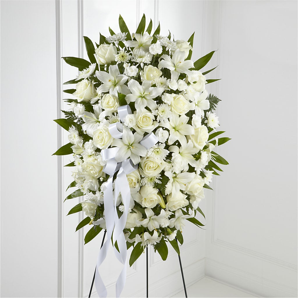 Exquisite Tribute Standing Spray-White Ribbon – Rainbow Flower Shop, Huron SD