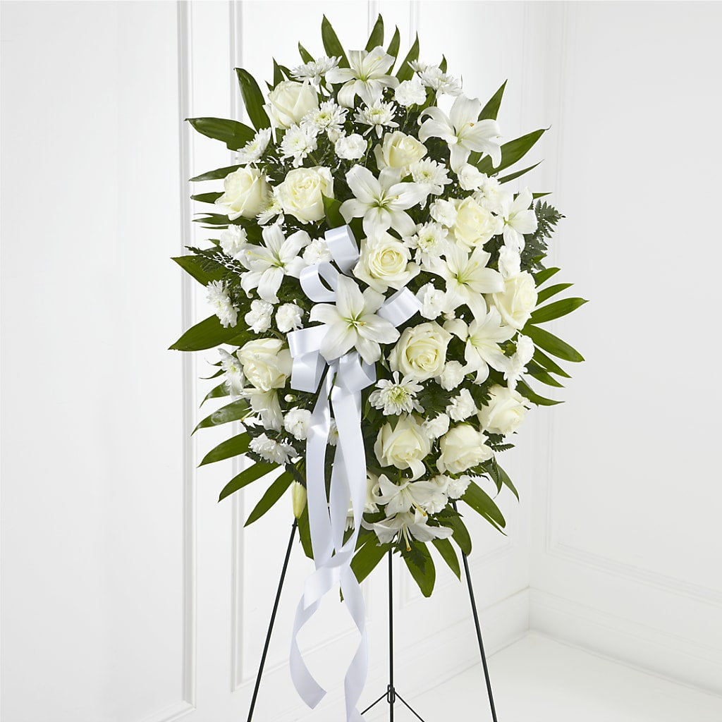 Exquisite Tribute Standing Spray-White Ribbon – Rainbow Flower Shop, Huron SD